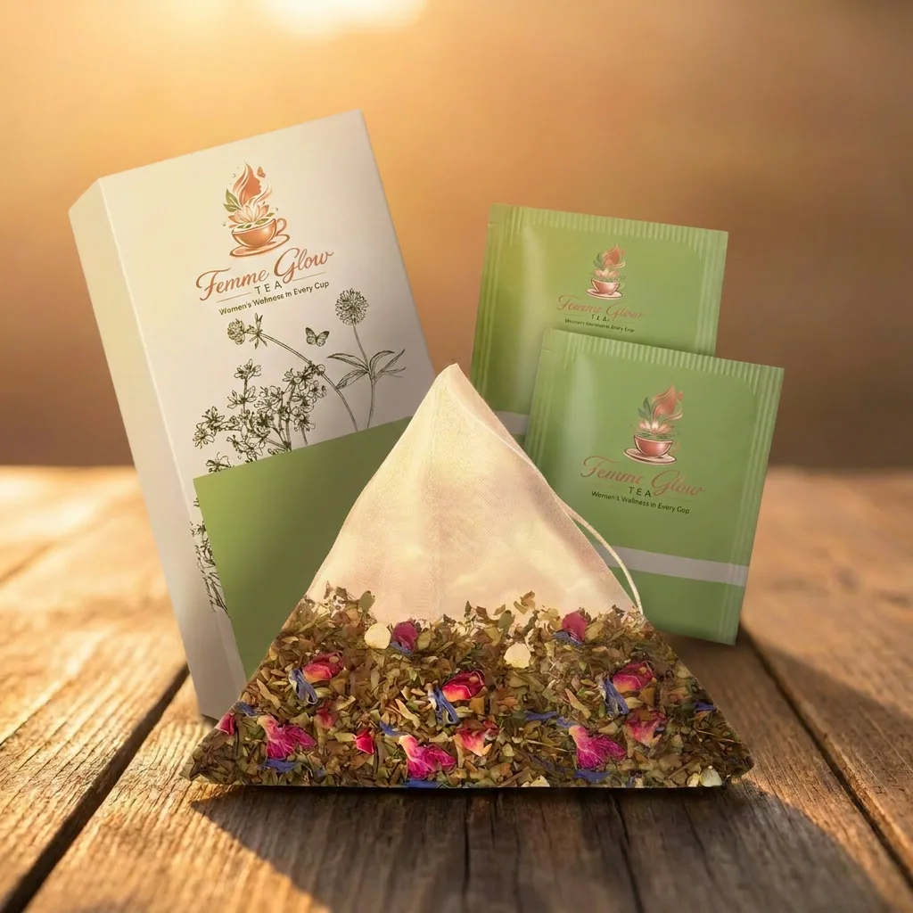 Femme Glow pyramid sachets and pouches on a wooden table