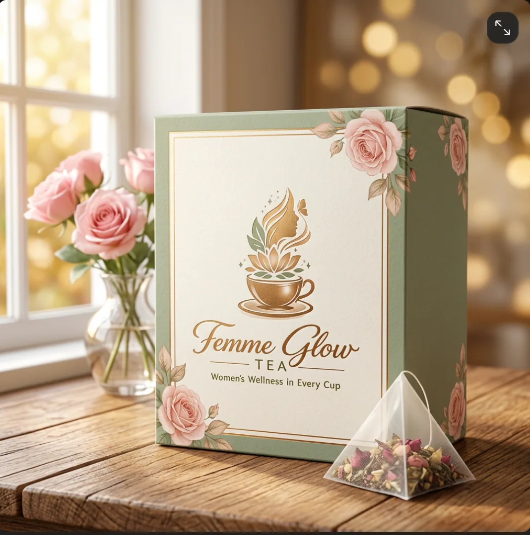 The Femme Glow box beside roses in window light